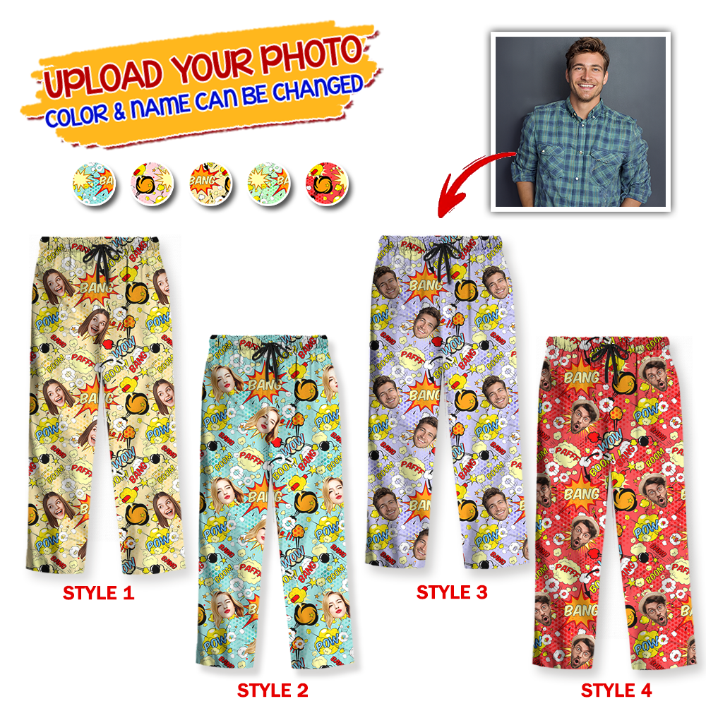 Couple Pajamas Pow Pow Custom Photo Human And Pet Faces - Custom Face Pajamas Pattern - Personalized Photo Christmas Pajamas