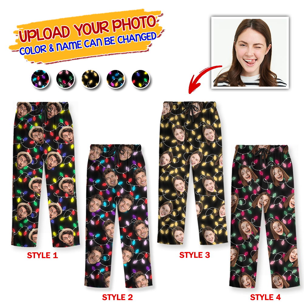 Chritsmas Light Custom Photo Human And Pet Faces - Custom Face Pajamas Pattern - Personalized Photo Christmas Pajamas