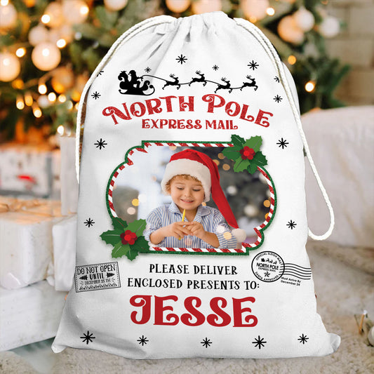 North Pole Giltter Christmas Bag Custom Photo - Christmas Family Gift - Personalized Christmas Sack - Custom Christmas Bag