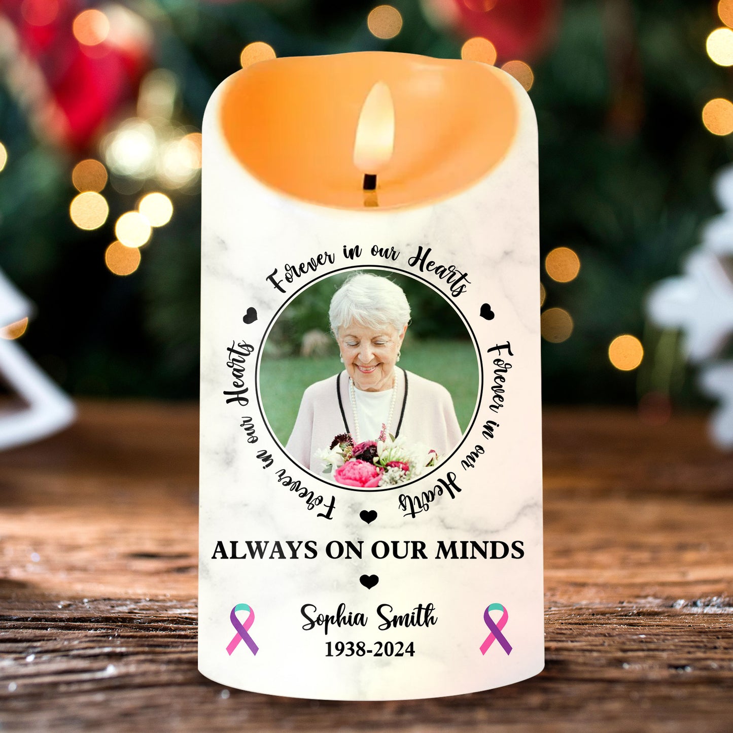 In Loving Memorial Cancer Ribbons Custom Photo Memorial - Personalized Flameless LED Candle