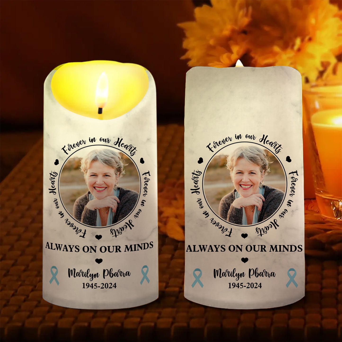 In Loving Memorial Cancer Ribbons Custom Photo Memorial - Personalized Flameless LED Candle