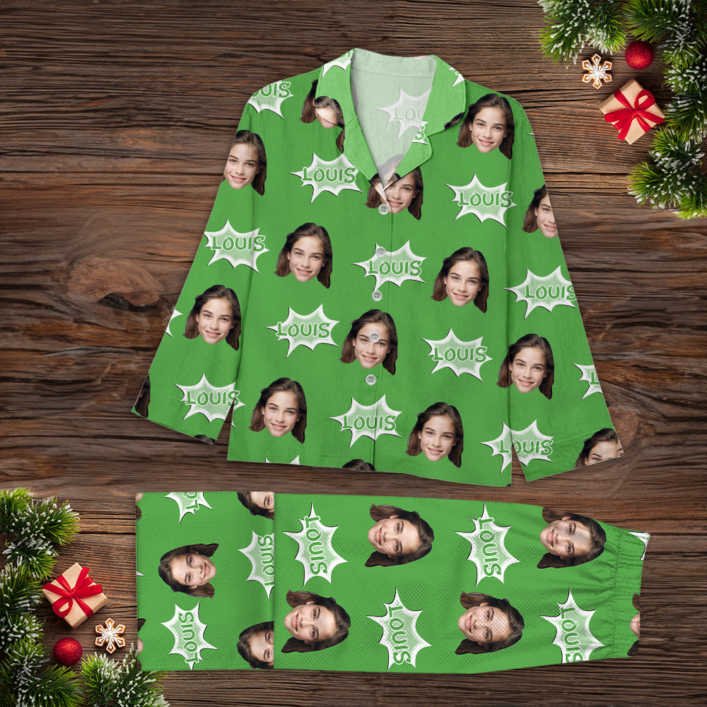 Couple Pajamas Custom Name and Photo Human And Pet Faces - Custom Face Pajamas Pattern - Personalized Photo Christmas Pajamas