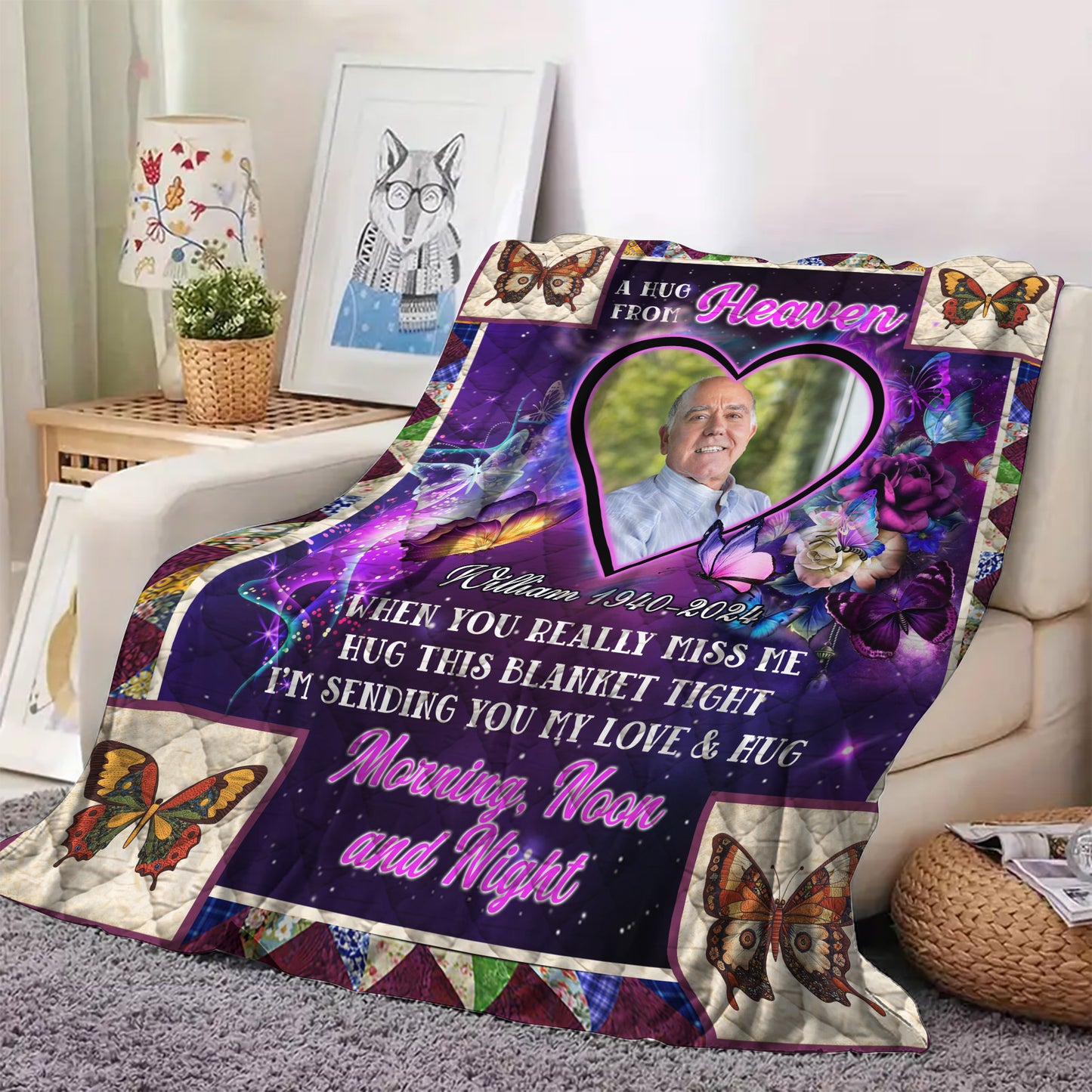 Purple A Hug From Heaven Flowers Christmas Photo Blanket Memorial - Remembrance Gift - Memorial Personalized Custom Blanket - Christmas Gift, Sympathy Gift