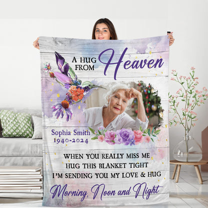 Colorful Hummingbird A Hug From Heaven Flowers Christmas Photo Blanket Memorial - Remembrance Gift - Memorial Personalized Custom Blanket - Christmas Gift, Sympathy Gift