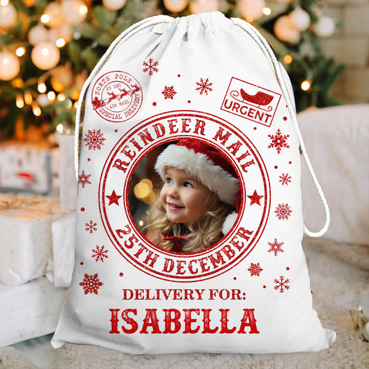 Reindeer Mail Merry Christmas Christmas Bag Custom Photo - Christmas Family Gift - Personalized Christmas Sack - Custom Christmas Bag