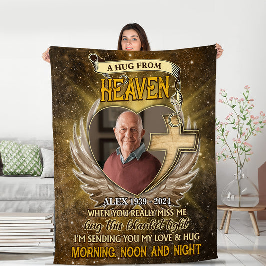 A Hug From Heaven Glitter Photo Blanket Memorial - Remembrance Gift - Memorial Personalized Custom Blanket - Christmas Gift, Sympathy Gift