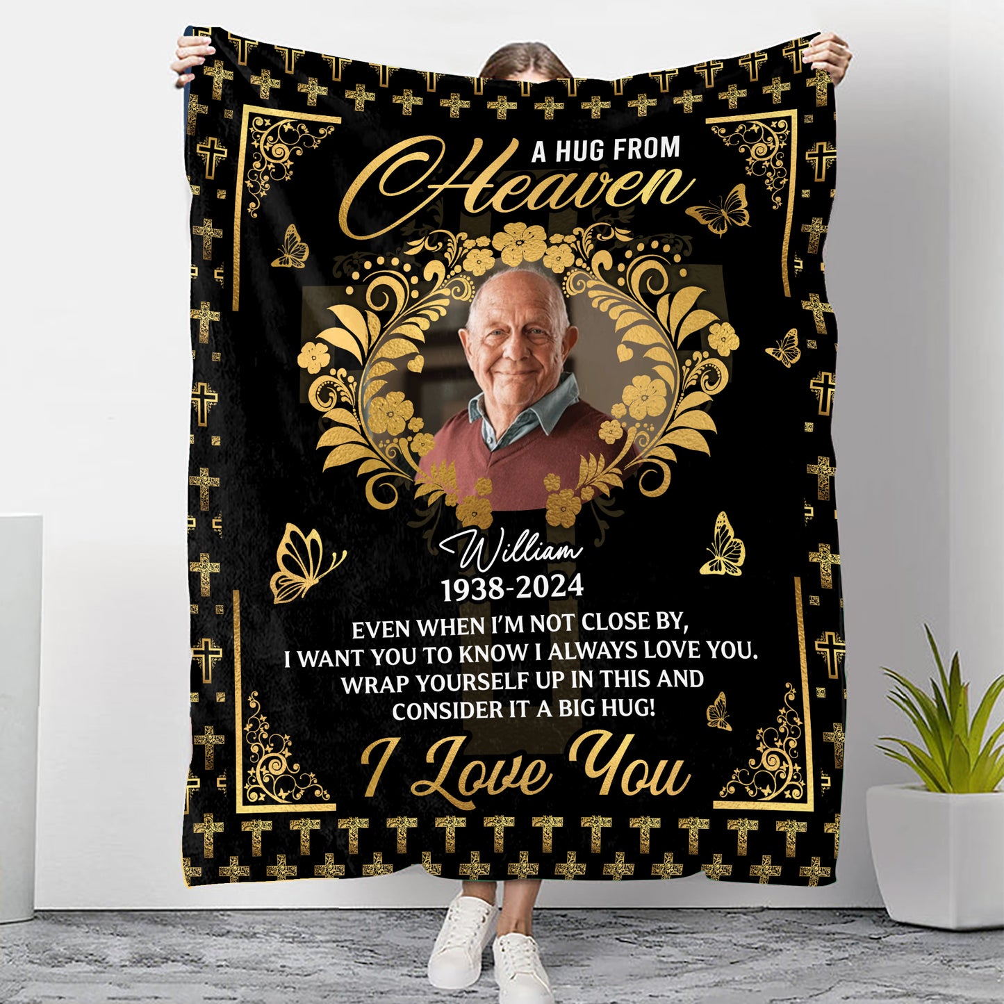 Cross Pattern Love From Heaven Memorial Blanket - Remembrance Gift - Memorial Personalized Custom Blanket - Christmas Gift, Sympathy Gift