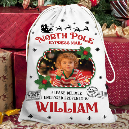 North Pole Giltter Christmas Bag Custom Photo - Christmas Family Gift - Personalized Christmas Sack - Custom Christmas Bag