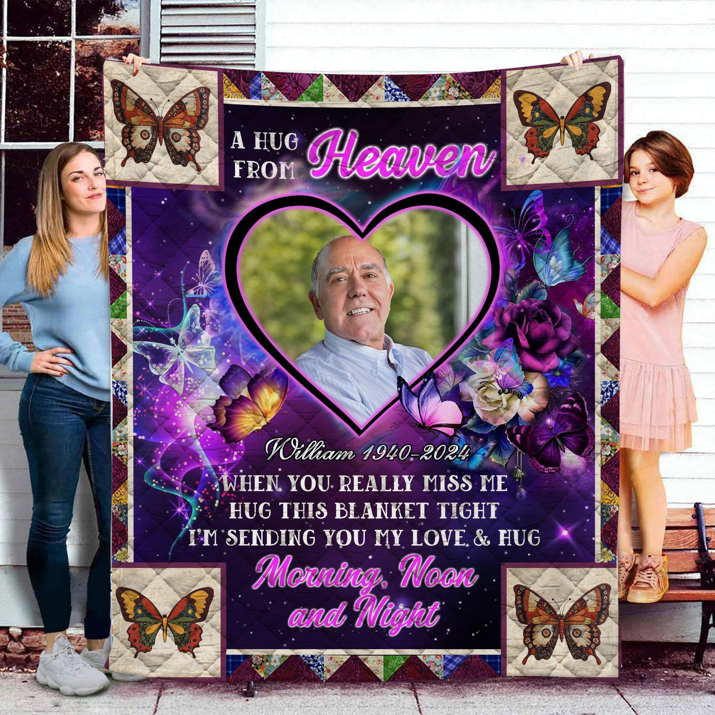 Purple A Hug From Heaven Flowers Christmas Photo Blanket Memorial - Remembrance Gift - Memorial Personalized Custom Blanket - Christmas Gift, Sympathy Gift