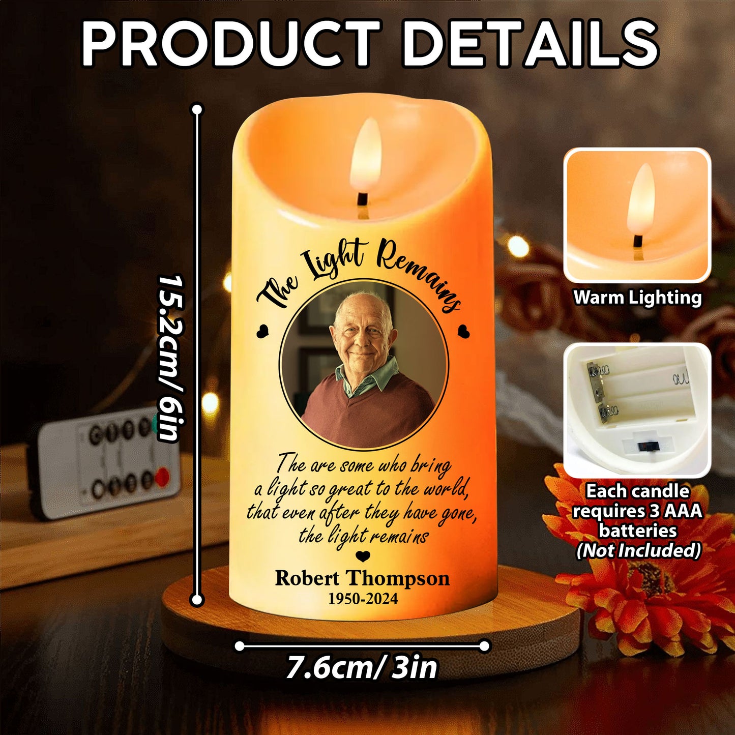 Custom Photo Memorial The Light Remains - Personalized Flameless LED Candle