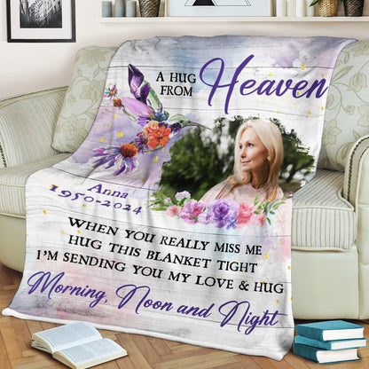 Colorful Hummingbird A Hug From Heaven Flowers Christmas Photo Blanket Memorial - Remembrance Gift - Memorial Personalized Custom Blanket - Christmas Gift, Sympathy Gift