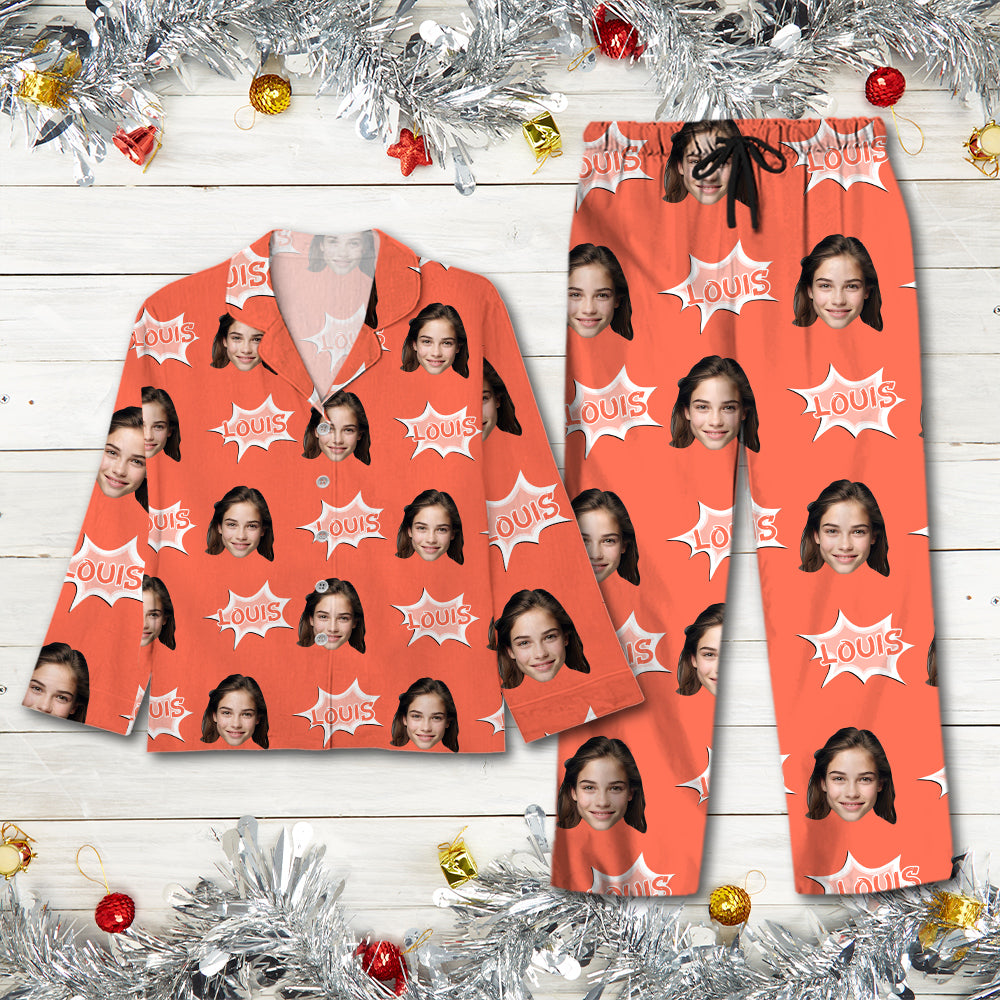 Couple Pajamas Custom Name and Photo Human And Pet Faces - Custom Face Pajamas Pattern - Personalized Photo Christmas Pajamas