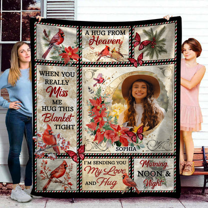 A Hug From Heaven Cardinal Christmas Photo Blanket Memorial - Remembrance Gift - Memorial Personalized Custom Blanket - Christmas Gift, Sympathy Gift