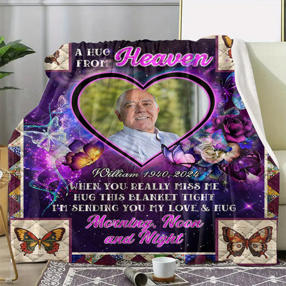 Purple A Hug From Heaven Flowers Christmas Photo Blanket Memorial - Remembrance Gift - Memorial Personalized Custom Blanket - Christmas Gift, Sympathy Gift