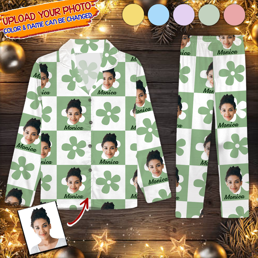 Flower Style Custom Photo Human And Pet Faces - Custom Face Pajamas Pattern - Personalized Photo Christmas Pajamas