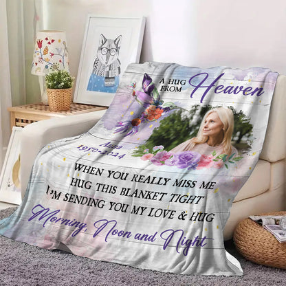 Colorful Hummingbird A Hug From Heaven Flowers Christmas Photo Blanket Memorial - Remembrance Gift - Memorial Personalized Custom Blanket - Christmas Gift, Sympathy Gift