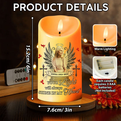 Your Light Will Always Shine Custom Photo Memorial - Personalized Flameless LED Candle