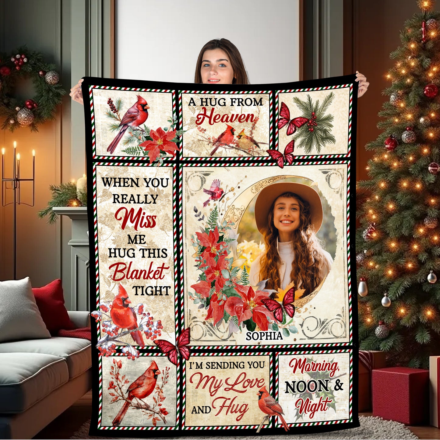 A Hug From Heaven Cardinal Christmas Photo Blanket Memorial - Remembrance Gift - Memorial Personalized Custom Blanket - Christmas Gift, Sympathy Gift