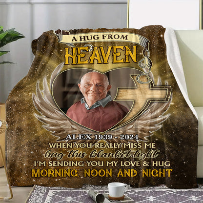 A Hug From Heaven Glitter Photo Blanket Memorial - Remembrance Gift - Memorial Personalized Custom Blanket - Christmas Gift, Sympathy Gift