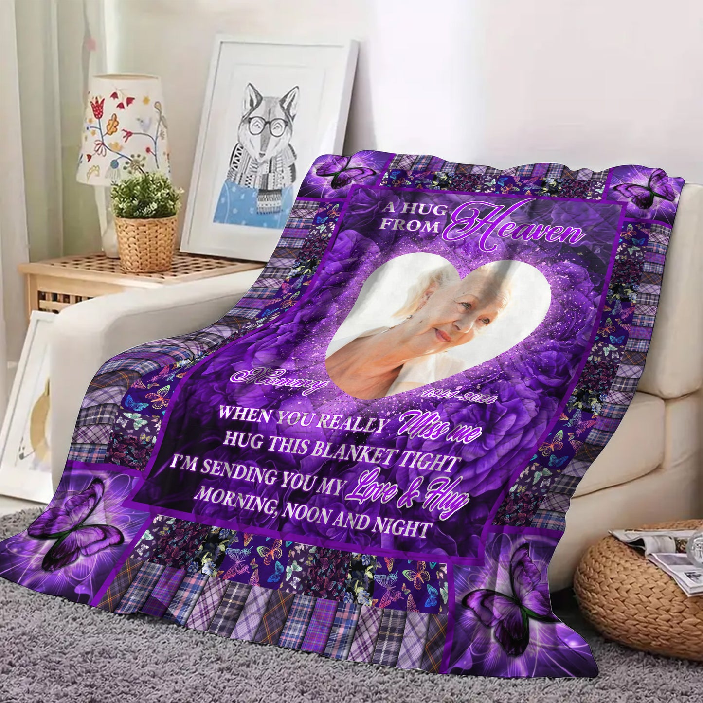 Colorful Buffterfly A Hug From Heaven Flowers Christmas Photo Blanket Memorial - Remembrance Gift - Memorial Personalized Custom Blanket - Christmas Gift, Sympathy Gift