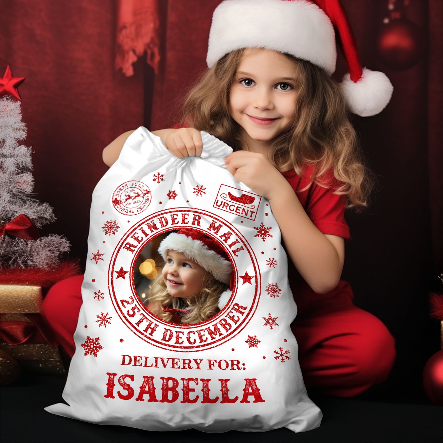 Reindeer Mail Merry Christmas Christmas Bag Custom Photo - Christmas Family Gift - Personalized Christmas Sack - Custom Christmas Bag