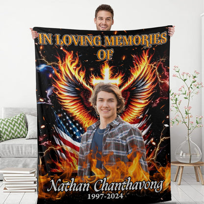 In Loving Memory Fire Wings - Memorial Personalized Custom Blanket - Christmas Gift, Sympathy Gift