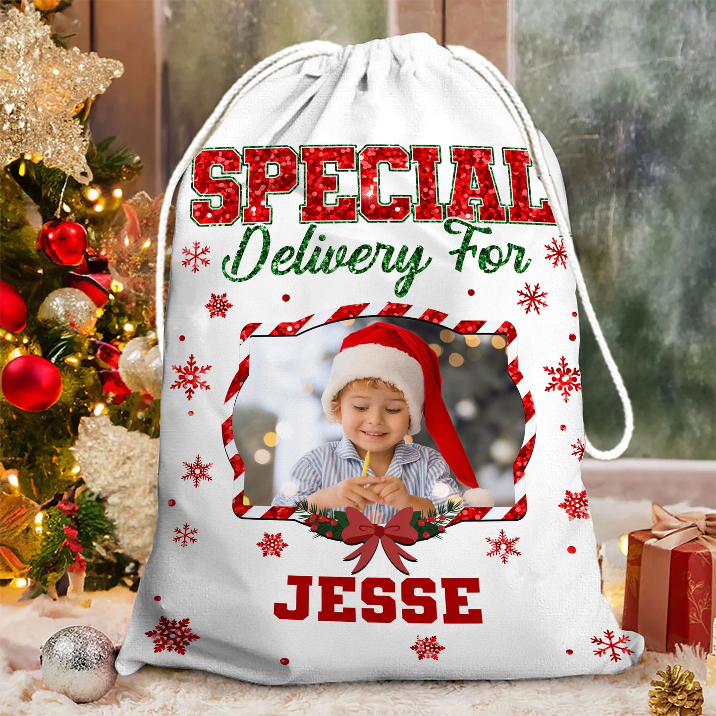 Merry Christmas Glitter Bag Custom Photo - Christmas Family Gift - Personalized Christmas Sack - Custom Christmas Bag