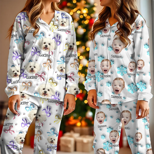 Little Bow Tie Photo Human And Pet Faces - Custom Face Pajamas Pattern - Personalized Photo Christmas Pajamas