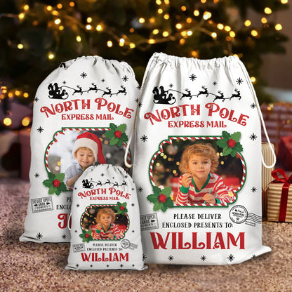 North Pole Giltter Christmas Bag Custom Photo - Christmas Family Gift - Personalized Christmas Sack - Custom Christmas Bag