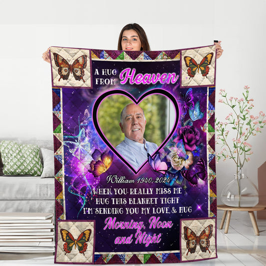 Purple A Hug From Heaven Flowers Christmas Photo Blanket Memorial - Remembrance Gift - Memorial Personalized Custom Blanket - Christmas Gift, Sympathy Gift