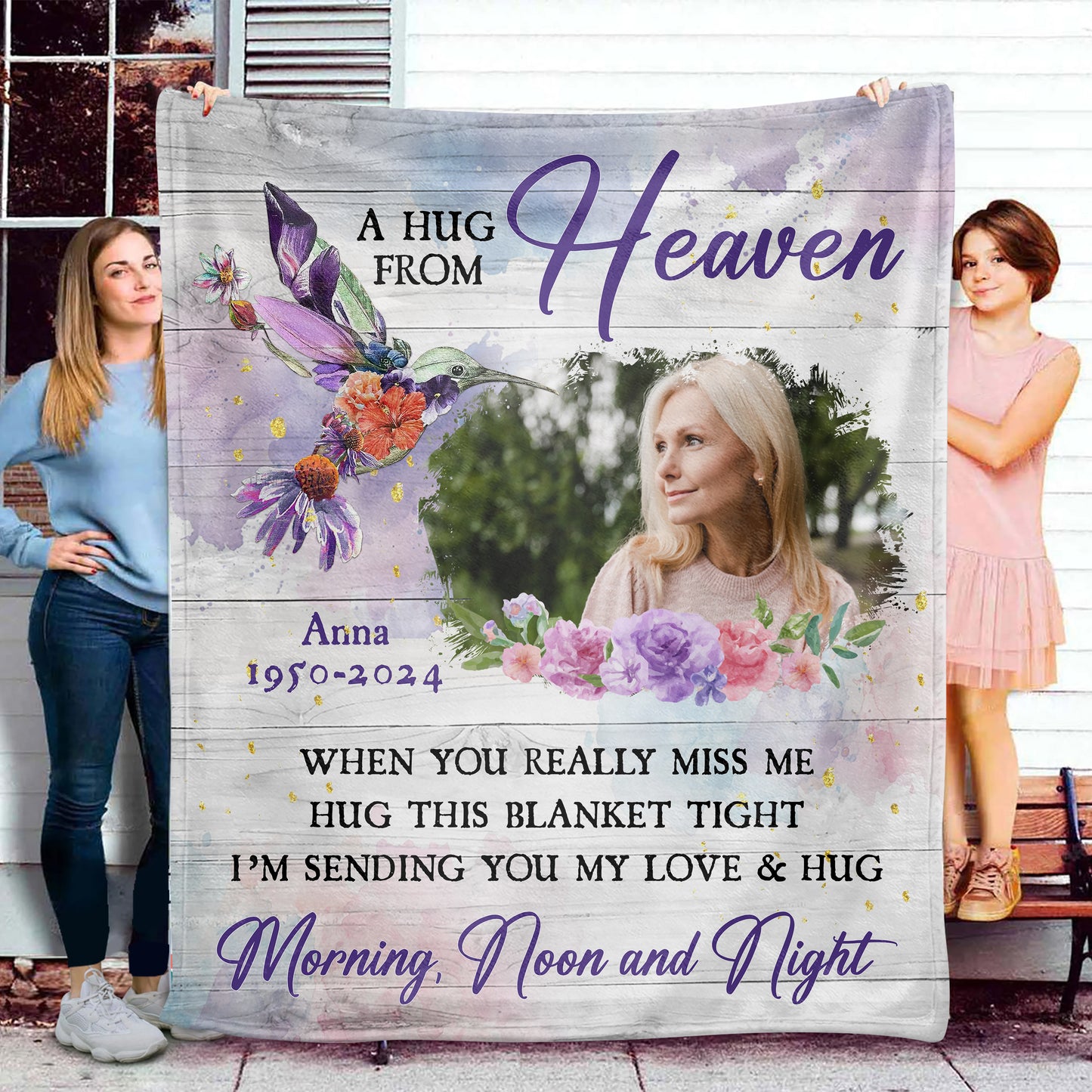 Colorful Hummingbird A Hug From Heaven Flowers Christmas Photo Blanket Memorial - Remembrance Gift - Memorial Personalized Custom Blanket - Christmas Gift, Sympathy Gift