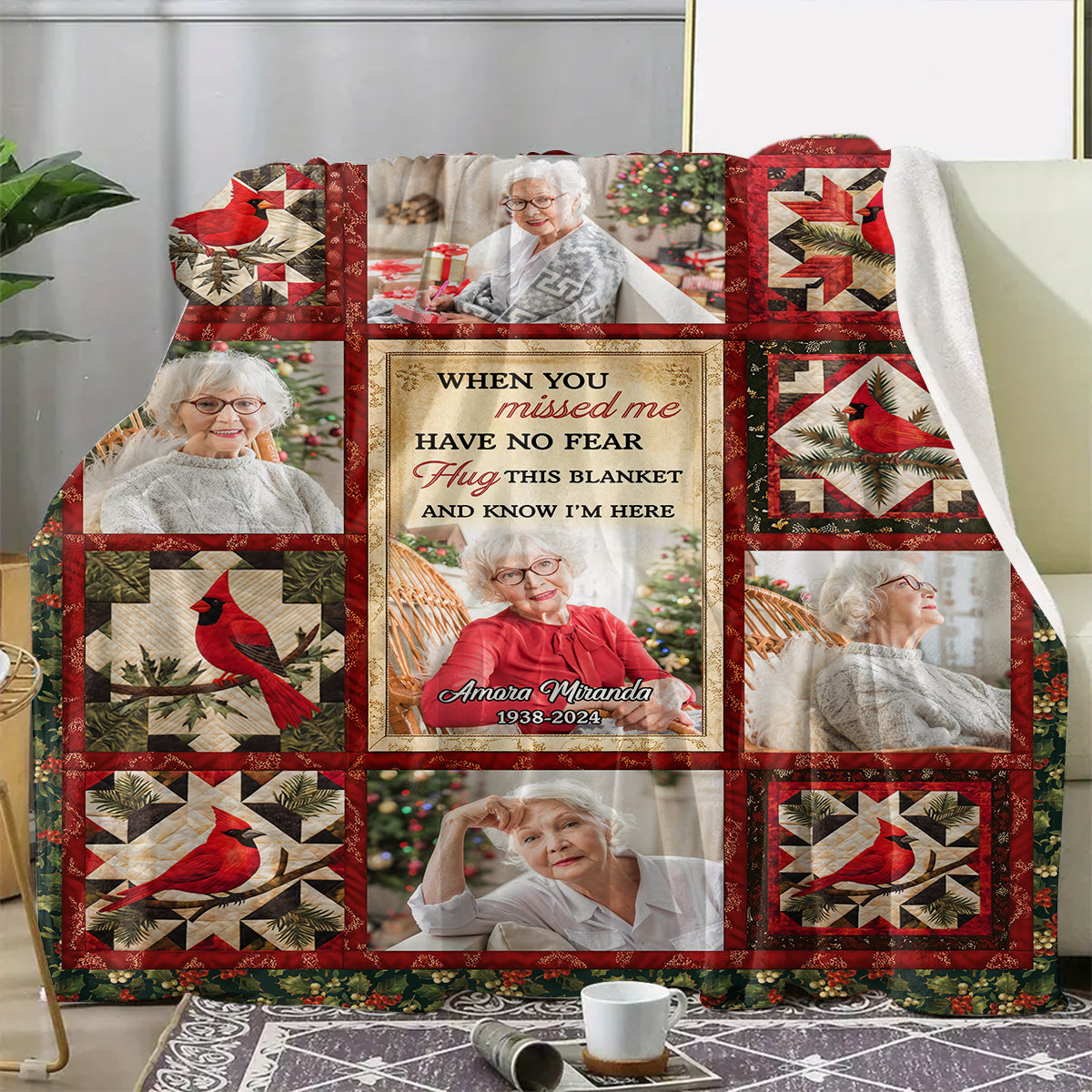 A Hug From Heaven Cardinal Photo Blanket Memorial - Remembrance Gift - Memorial Personalized Custom Blanket - Christmas Gift, Sympathy Gift