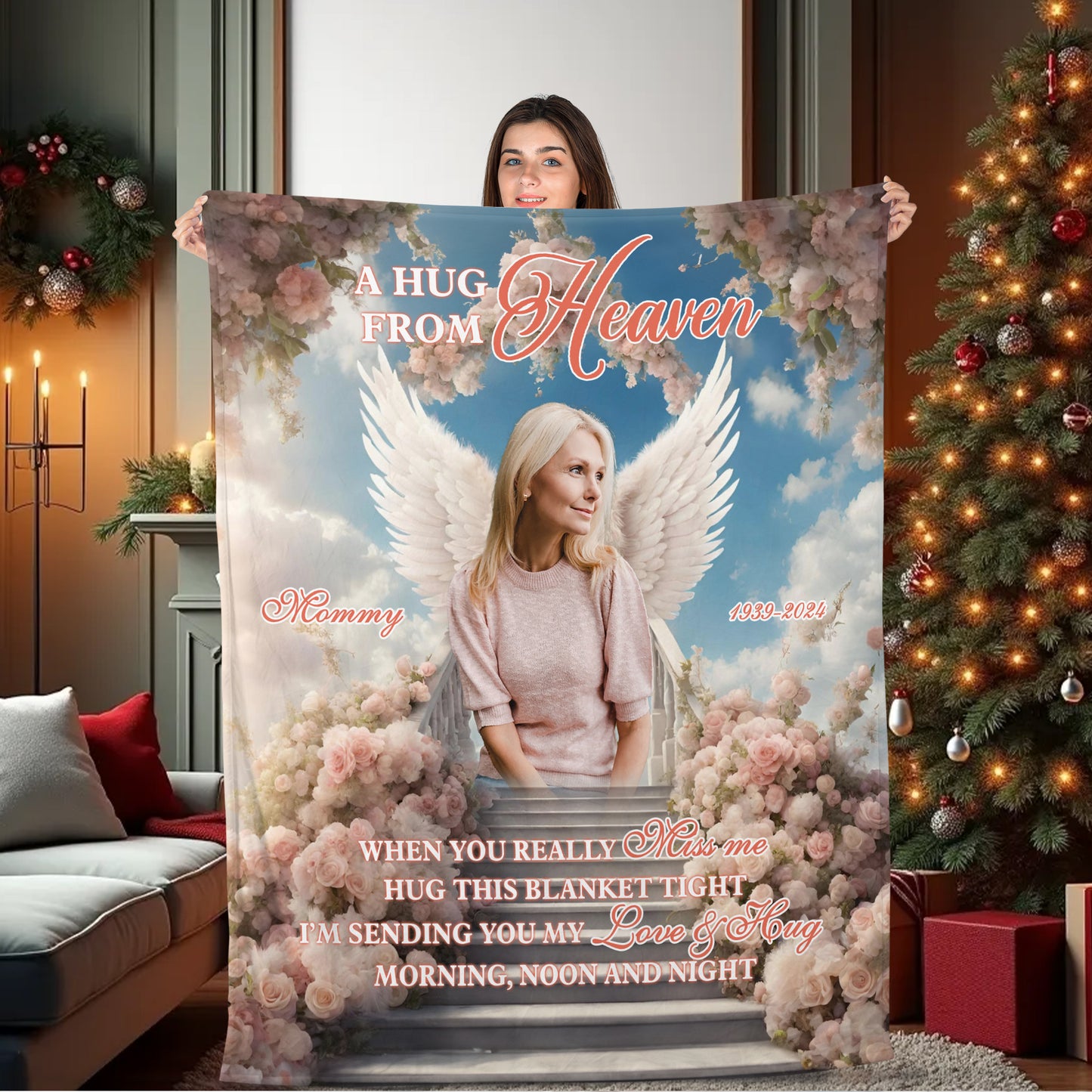 A Hug From Heaven Flowers Christmas Photo Blanket Memorial - Remembrance Gift - Memorial Personalized Custom Blanket - Christmas Gift, Sympathy Gift