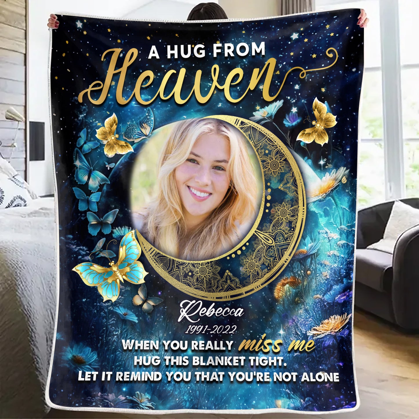 A Hug From Heaven Moon Memory Remembrance Gift - Memorial Personalized Custom Blanket - Christmas Gift, Sympathy Gift