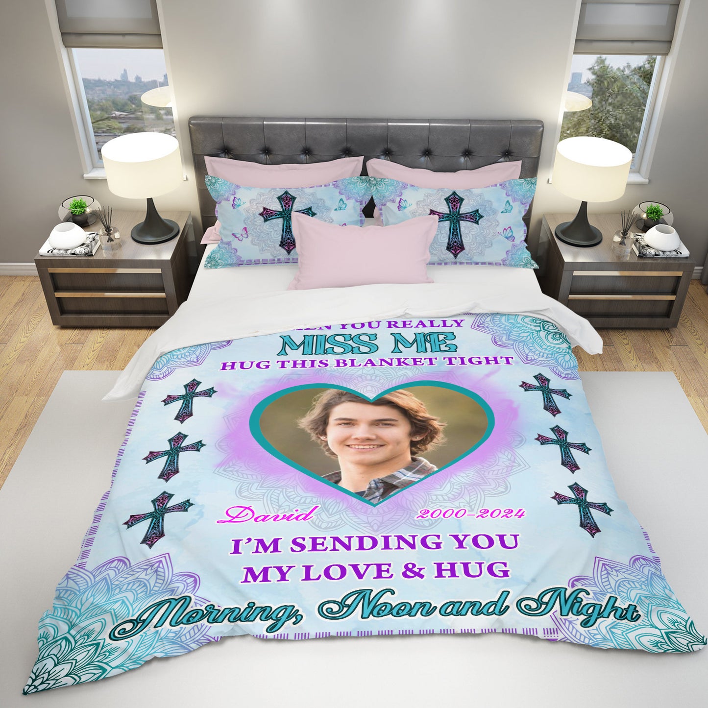 I Am Sending You My Love And Hug You Day and Night Cross - Memorial Personalized Custom Bedding Set - Christmas Gift, Sympathy Gift