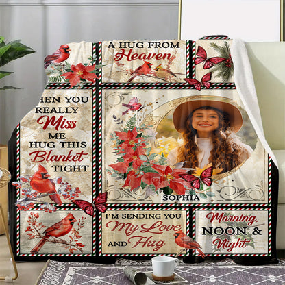 A Hug From Heaven Cardinal Christmas Photo Blanket Memorial - Remembrance Gift - Memorial Personalized Custom Blanket - Christmas Gift, Sympathy Gift