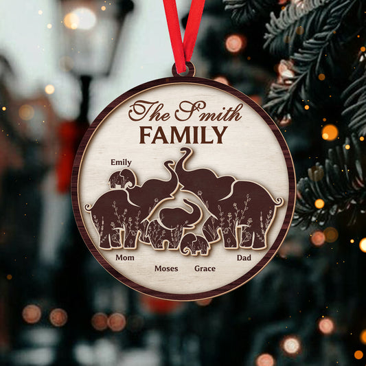 Wooden Elephant Family Ornament - Memorial Ornament - 2 Layer Wood Pet Carving Ornament - Custom Bear Family Ornament