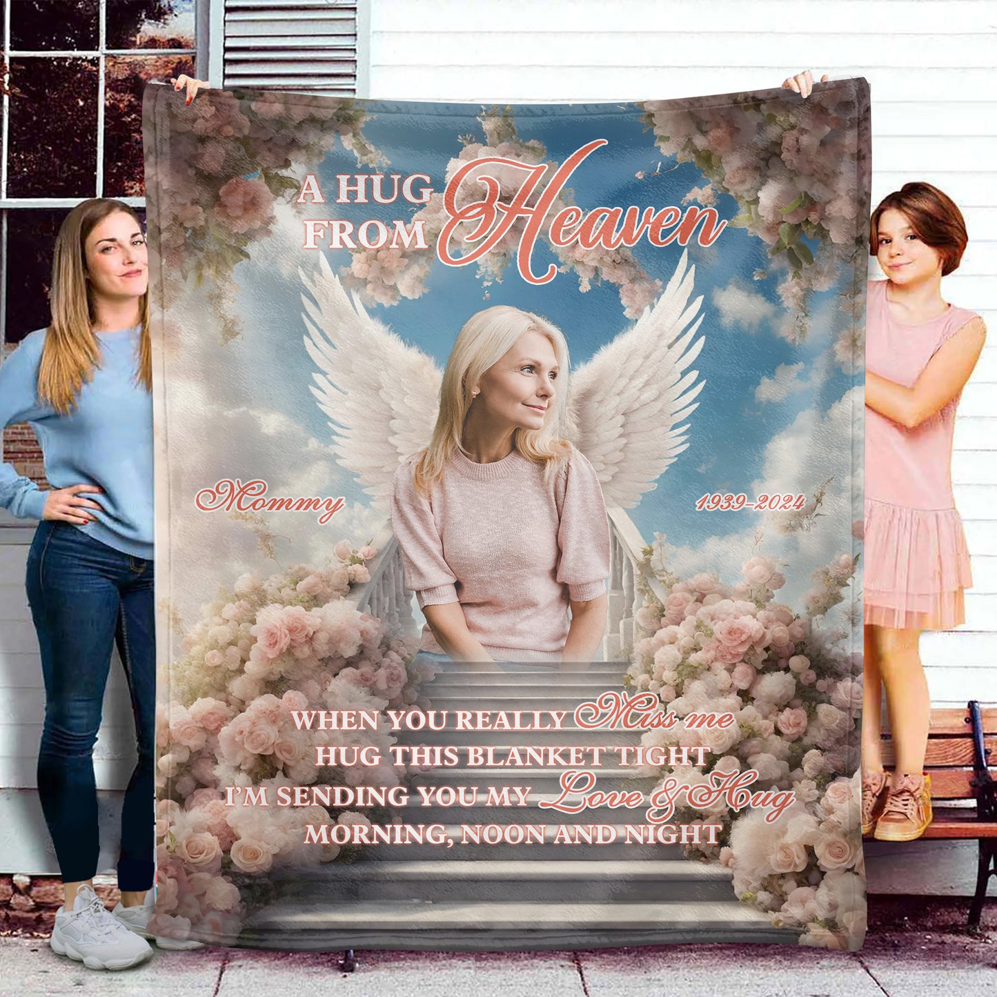 A Hug From Heaven Flowers Christmas Photo Blanket Memorial - Remembrance Gift - Memorial Personalized Custom Blanket - Christmas Gift, Sympathy Gift