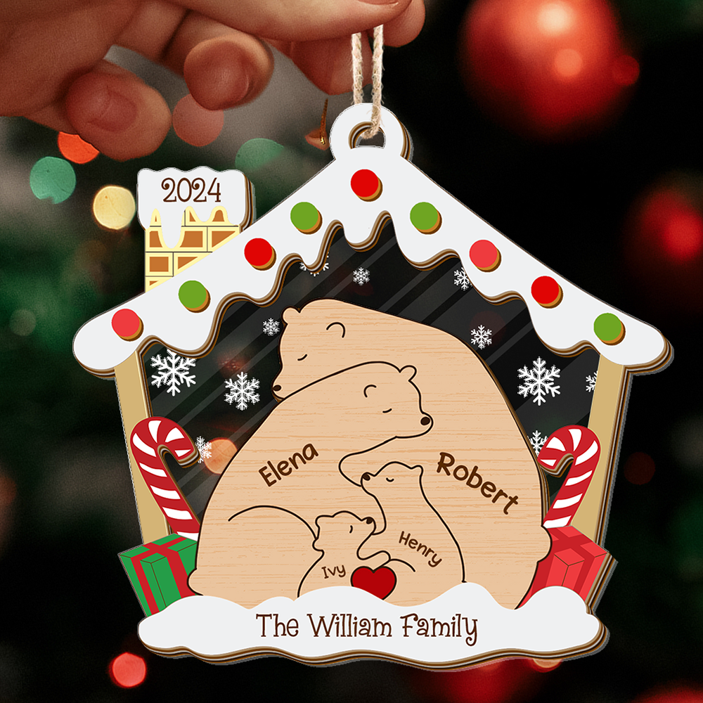 Personalized Wooden Bear Family Christmas Tree Ornament - 2-Layer Wood Pet Carving Ornament - Custom Bear Family Ornament