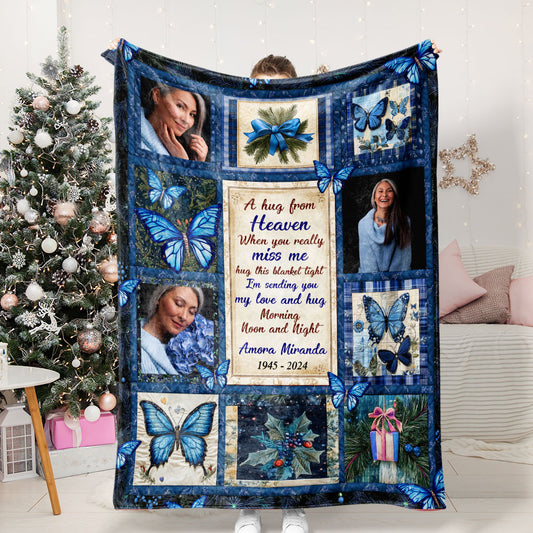 A Hug From Heaven Blue Blanket Memorial - Remembrance Gift - Memorial Personalized Custom Blanket - Christmas Gift, Sympathy Gift