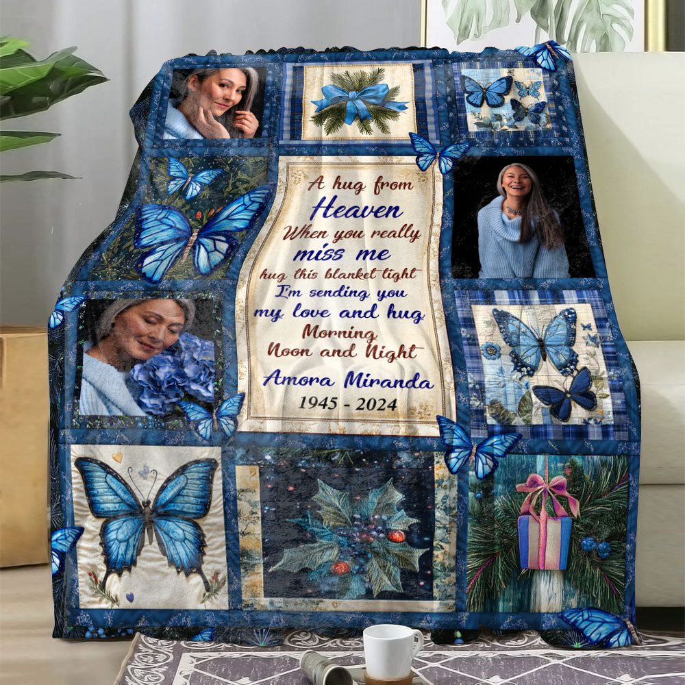 A Hug From Heaven Blue Blanket Memorial - Remembrance Gift - Memorial Personalized Custom Blanket - Christmas Gift, Sympathy Gift