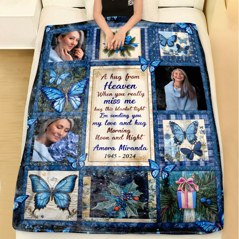 A Hug From Heaven Blue Blanket Memorial - Remembrance Gift - Memorial Personalized Custom Blanket - Christmas Gift, Sympathy Gift