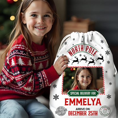 North Pole Mail Service Christmas Bag Custom Photo - Personalized Christmas Sack - Custom Christmas Bag