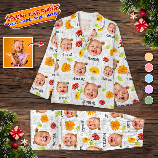 Custom Face Flowers Pajamas Set - Personalized Photo Christmas Pajamas