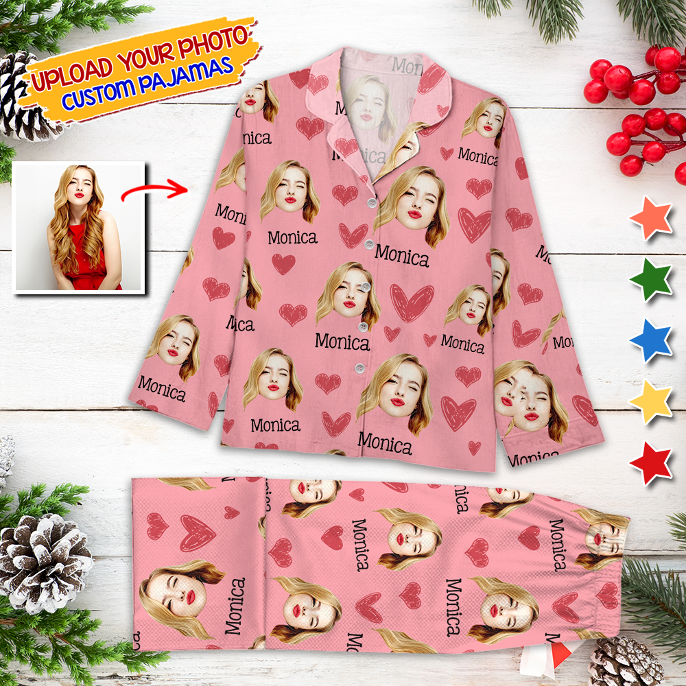 Snow and Heart Pajamas Custom Face Pajamas Set - Personalized Photo Christmas Pajamas