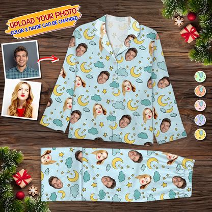 Our Family Custom Face Pajamas Set Moon and Star Pattern - Personalized Photo Christmas Pajamas