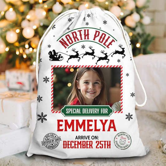 North Pole Mail Service Christmas Bag Custom Photo - Personalized Christmas Sack - Custom Christmas Bag