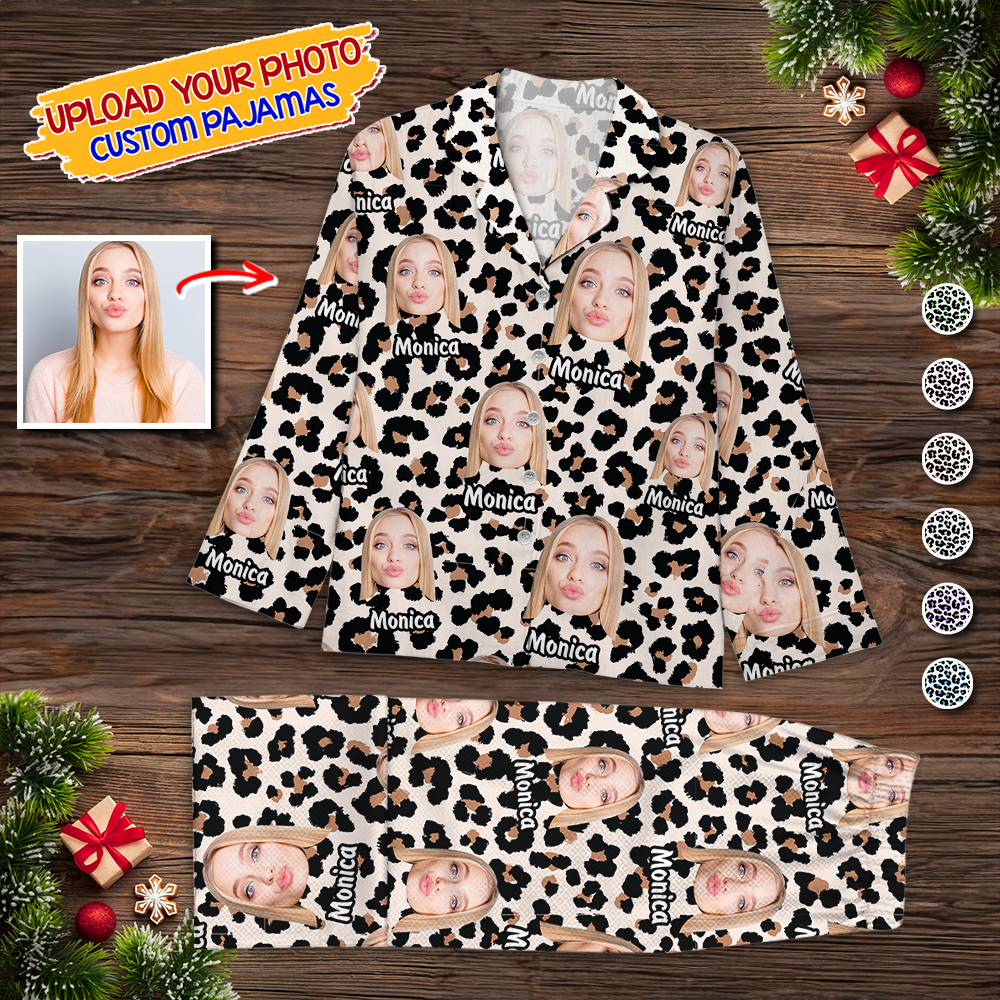 Leopard Sleepwear Custom Face Pajamas Pattern - Personalized Photo Christmas Pajamas