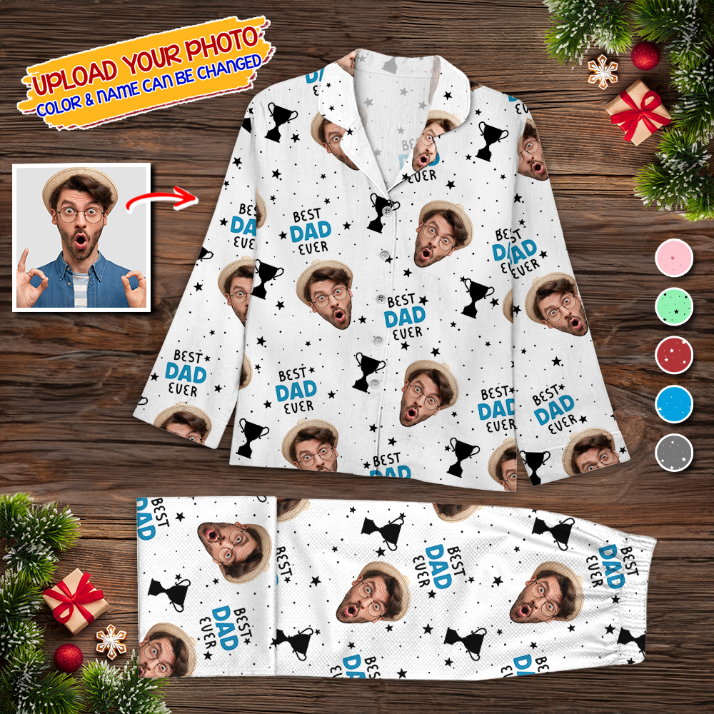 Best Dad Ever Photo Human And Pet Faces - Custom Face Pajamas Pattern - Personalized Photo Christmas Pajamas