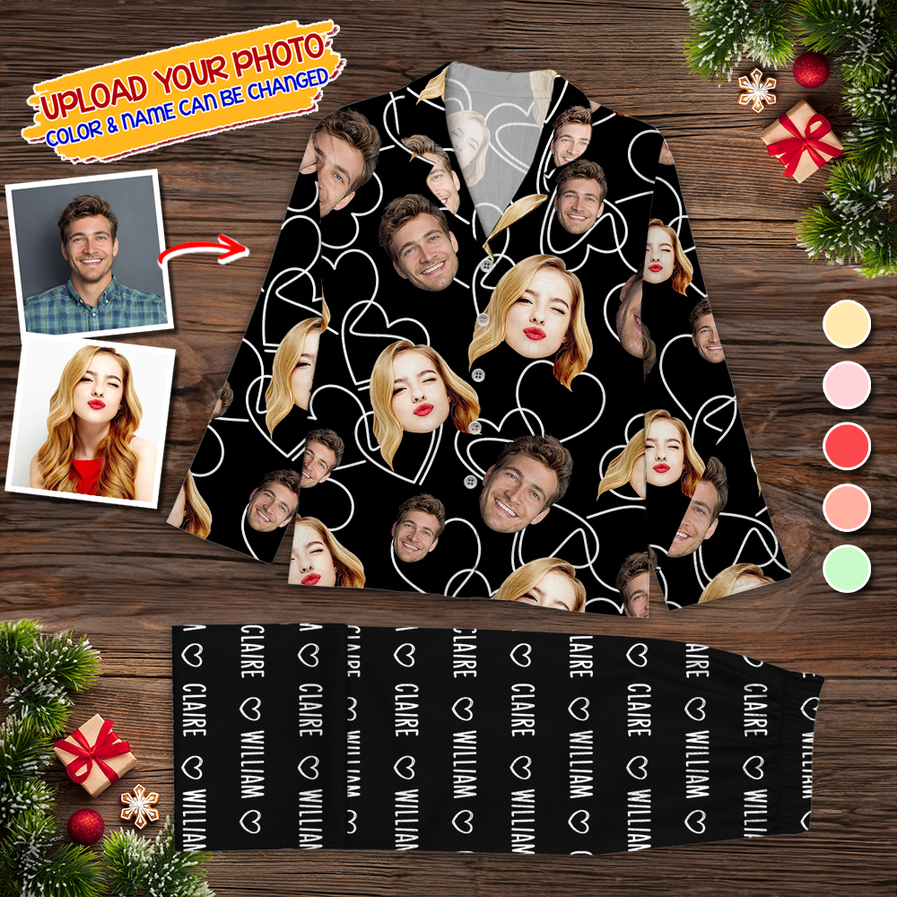 Couple Pajamas Team Custom Photo Human And Pet Faces - Custom Face Pajamas Pattern - Personalized Photo Christmas Pajamas